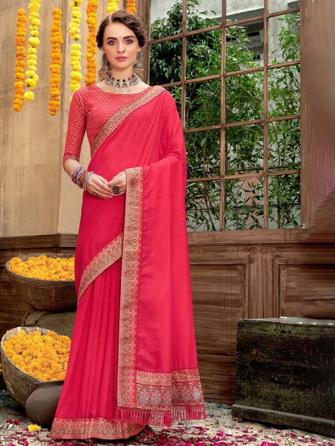 

SHAIBO SAREE Zari Silk Cotton Saree, Pink