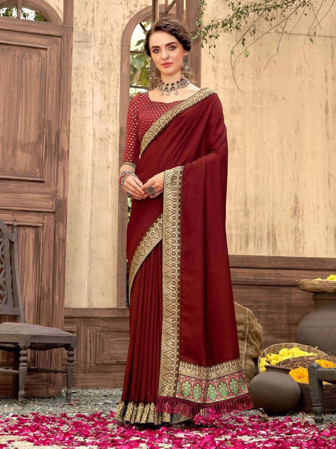 

SHAIBO SAREE Silk Cotton Saree, Maroon