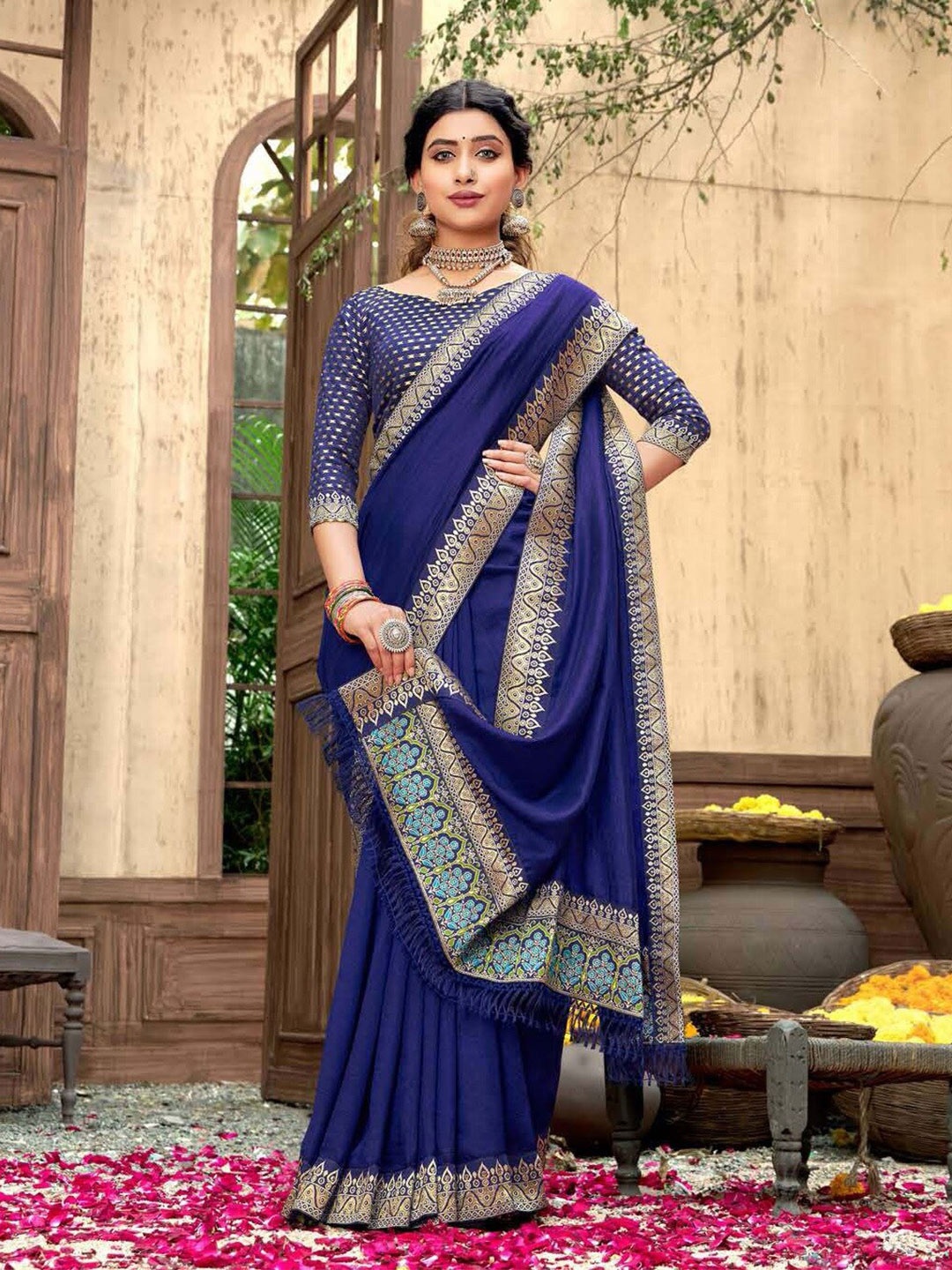 

SHAIBO SAREE Zari Silk Cotton Saree, Navy blue