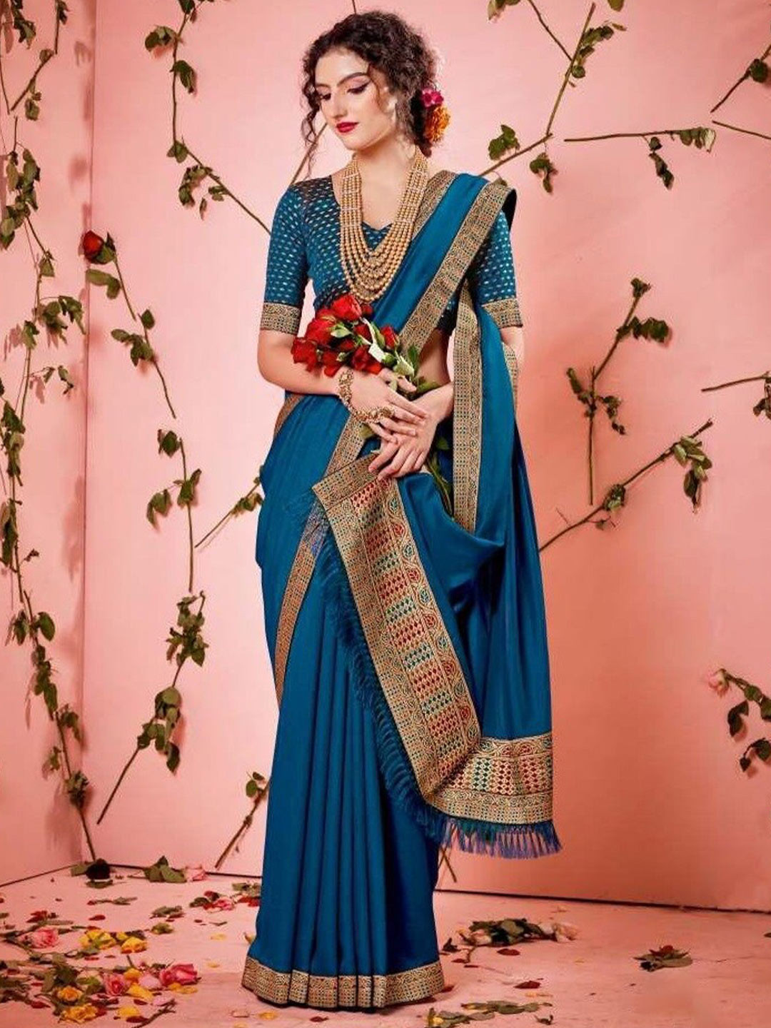 

SHAIBO SAREE Zari Silk Cotton Saree, Teal