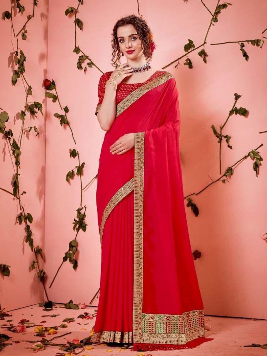 

SHAIBO SAREE Zari Silk Cotton Saree, Red