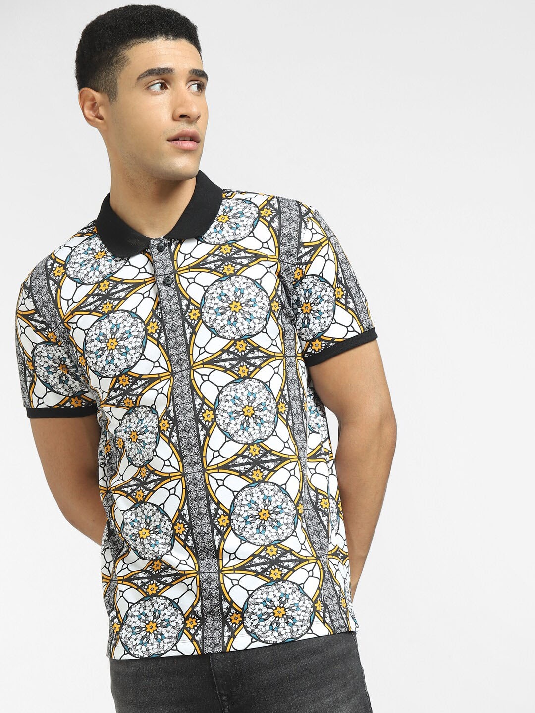

Jack & Jones Men Floral Printed Polo Collar Cotton T-shirt, Black