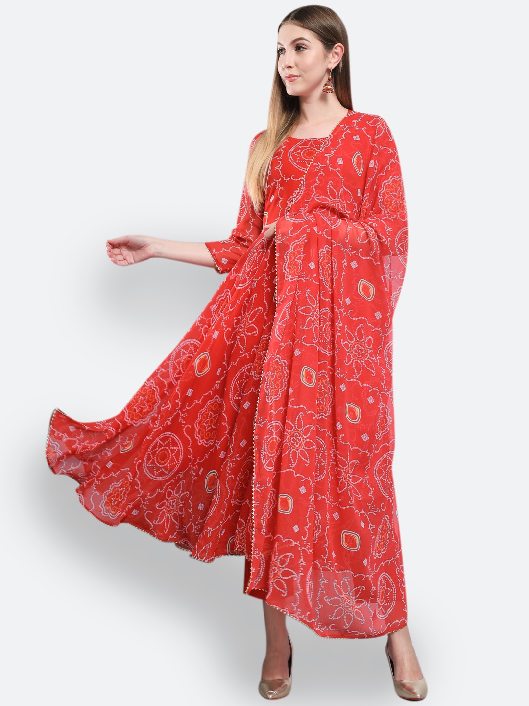 

KALINI Women Red Bandhani Printed Kurta With Trouser & Dupatta