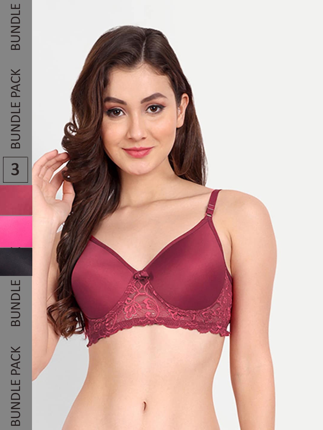 

FIMS Pack Of 3 Floral Bra Lightly Padded, Black