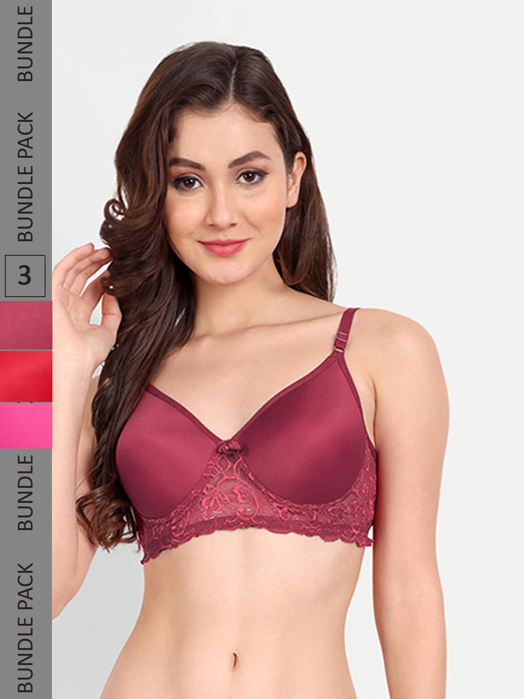 

FIMS Pack of 3 Rapid-Dry Lace Lightly Padded Bra Fancy_Pad_Bra_RedRaniMaroon, Red