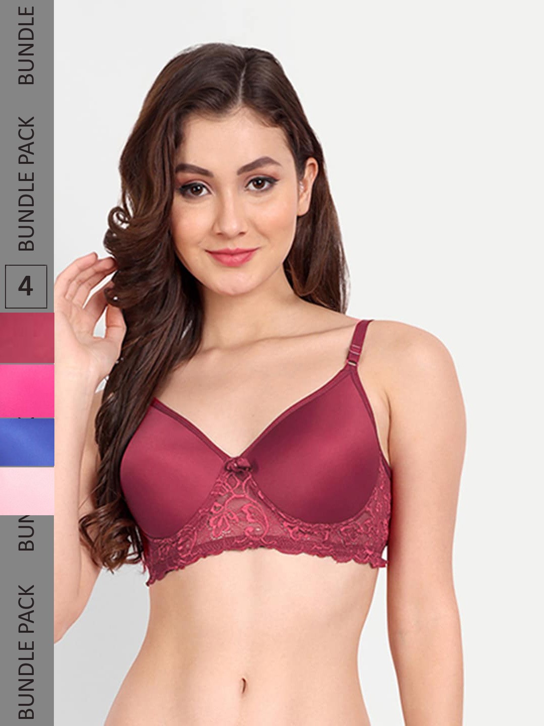 

FIMS Pack of 4 Rapid-Dry Lace Lightly Padded Bra Fancy_Pad_Bra_BluePinkRaniMaroon, Purple