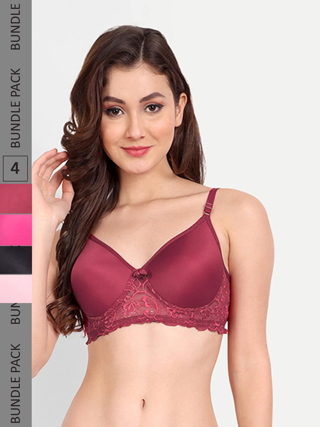 

FIMS Pack of 4 Rapid-Dry Lace Lightly Padded Bra Fancy_Pad_Bra_BlackPinkRaniMaroon, Black