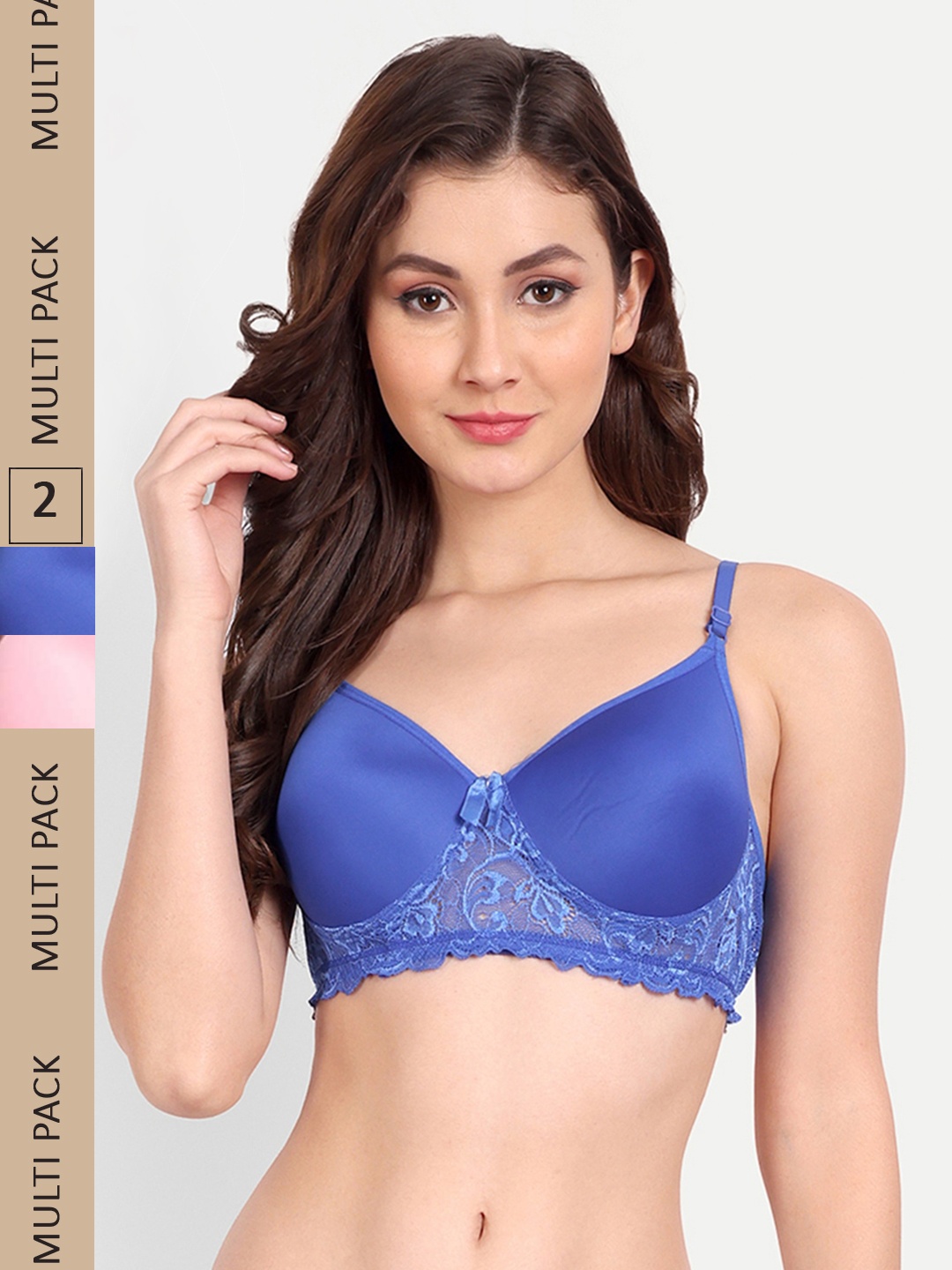 

FIMS Pack of 2 Rapid-Dry Lace Lightly Padded Bra Fancy_Pad_Bra_BluePink, Blue