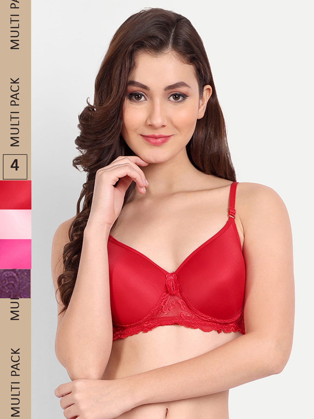 

FIMS Pack of 4 Rapid-Dry Lace Lightly Padded Bra Fancy_Pad_Bra_RedPinkRaniPurple, Pink