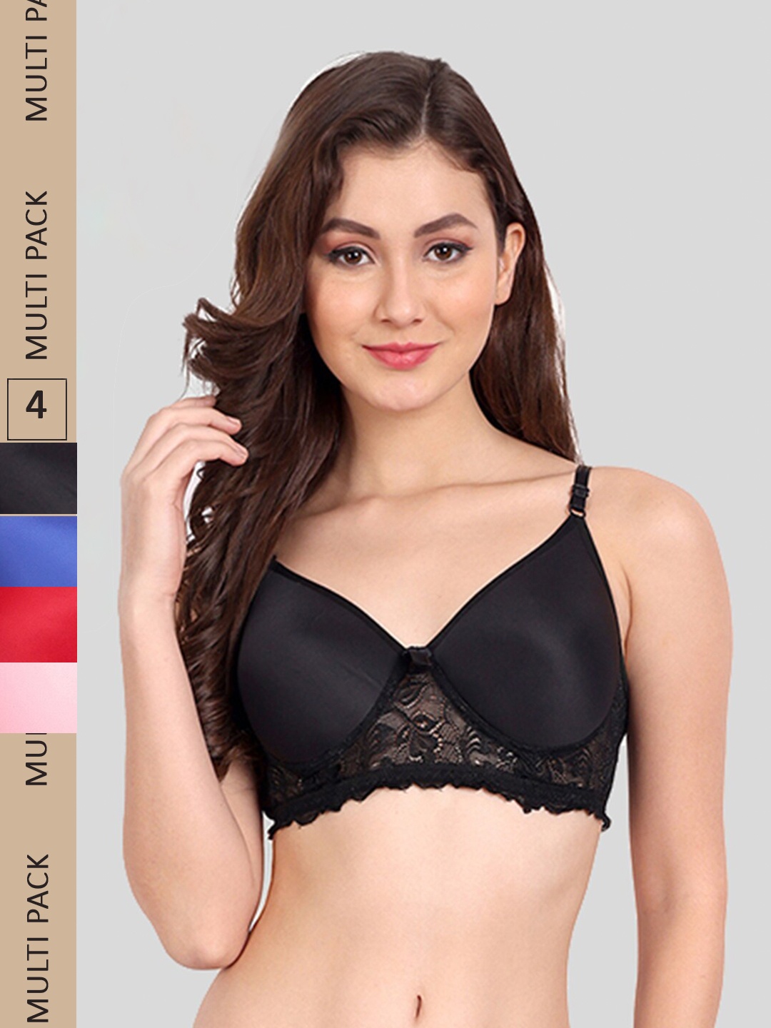 

FIMS Pack of 4 Rapid-Dry Lace Lightly Padded Bra Fancy_Pad_Bra_BlackRedBluePink, Red