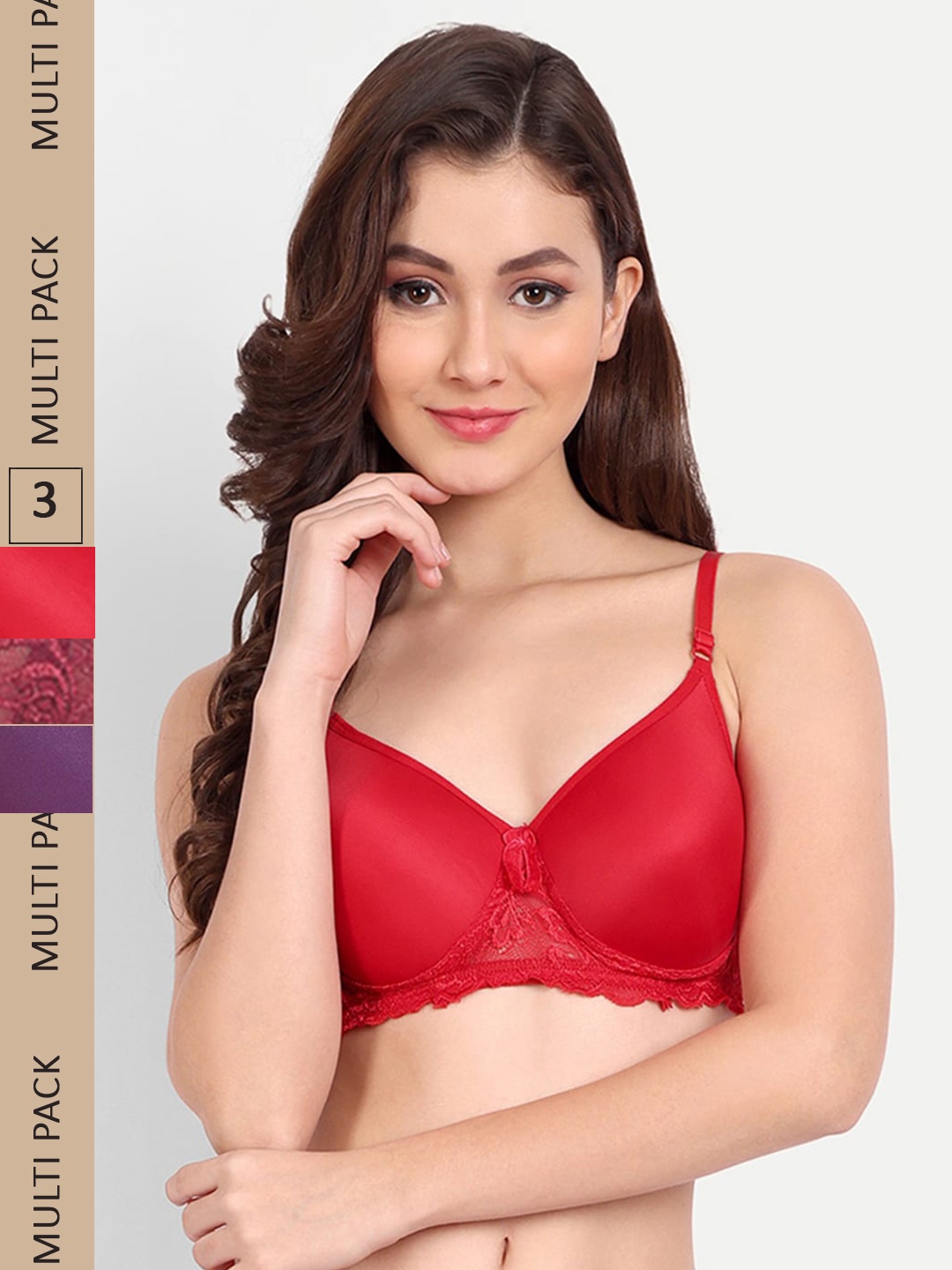 

FIMS Pack of 3 Rapid-Dry Lace Lightly Padded Bra Fancy_Pad_Bra_RedPurpleMaroon, Red