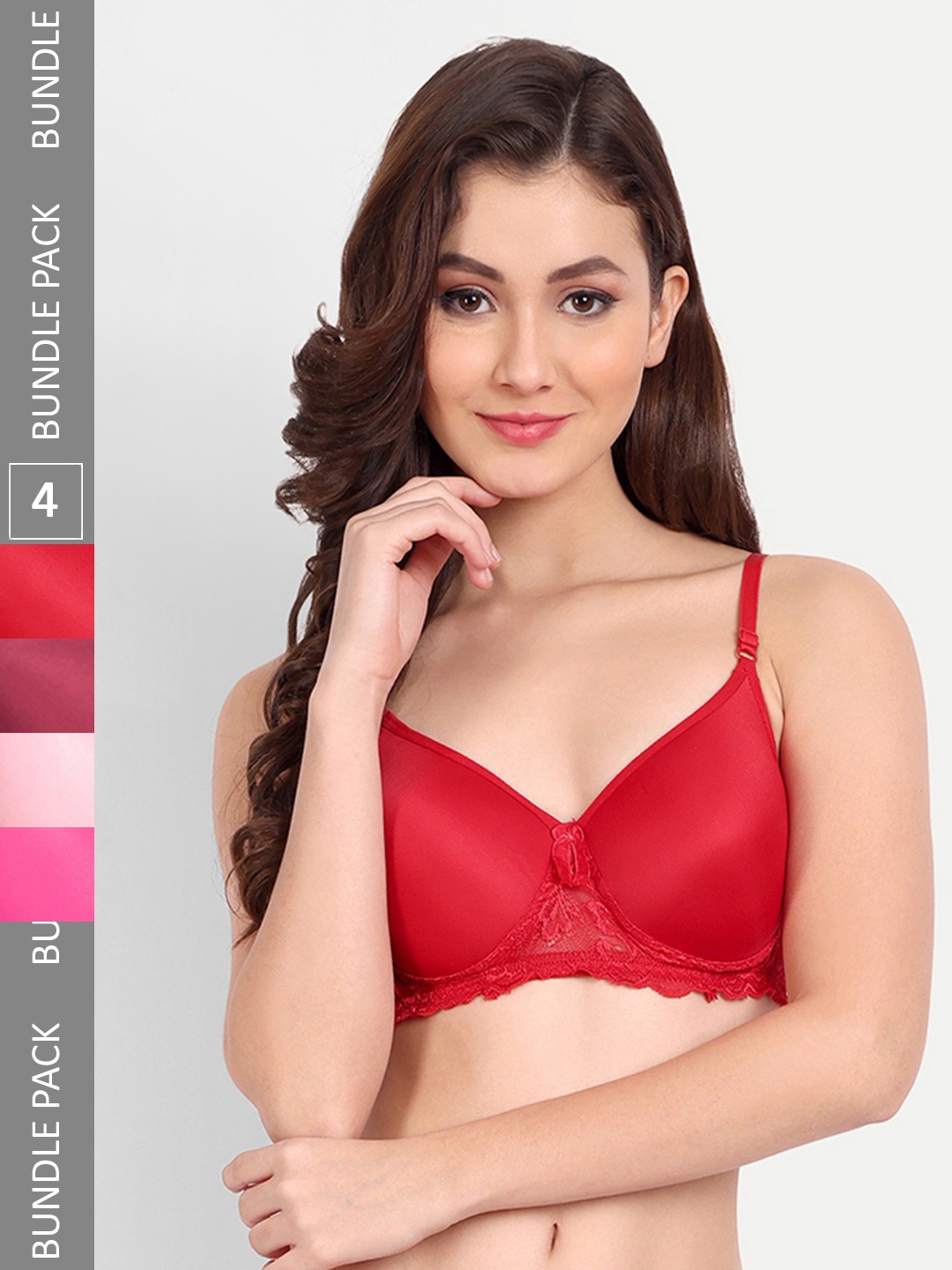 

FIMS Pack of 4 Rapid-Dry Lace Lightly Padded Bra Fancy_Pad_Bra_RedPinkRaniMaroon, Red