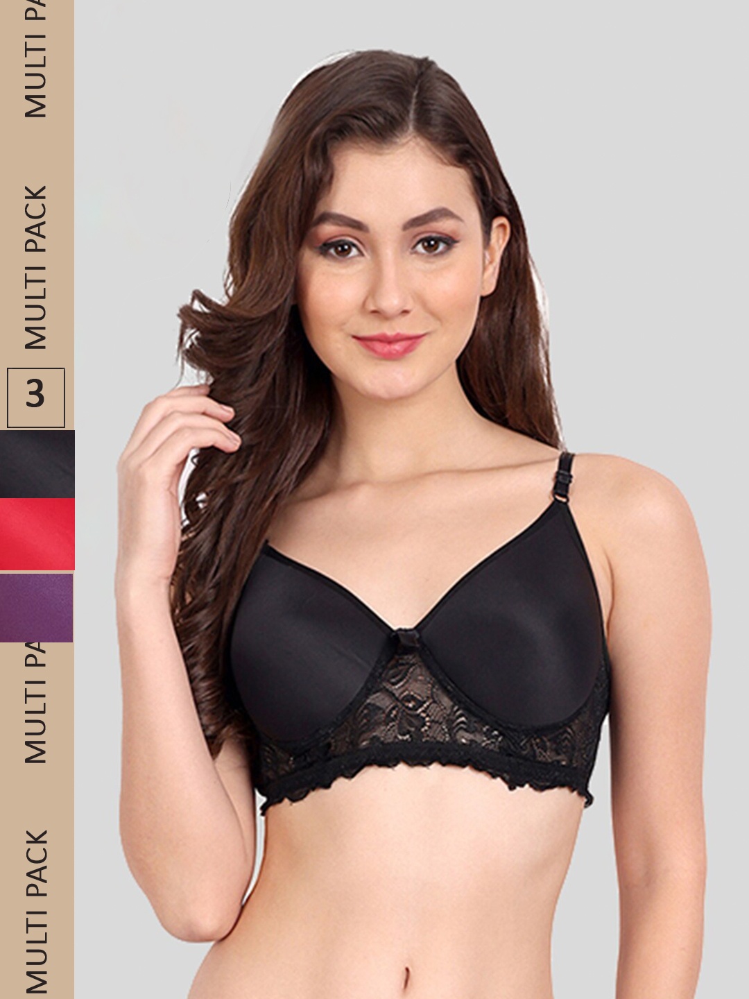 

FIMS Pack of 3 Rapid-Dry Lace Lightly Padded Bra Fancy_Pad_Bra_BlackRedPurple, Black