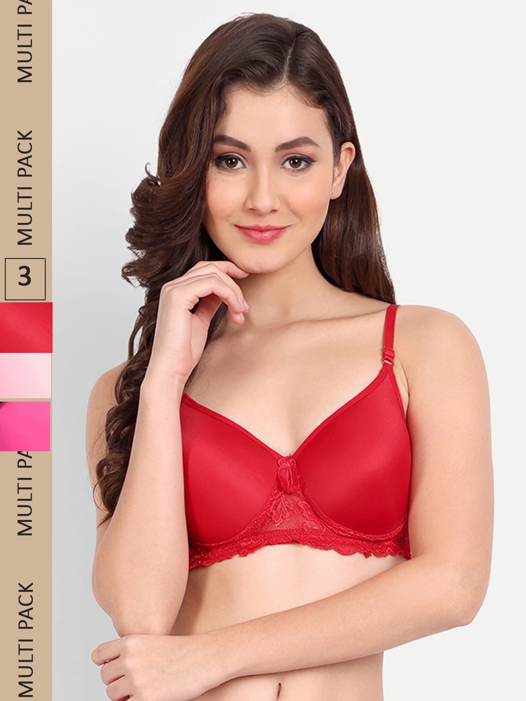 

FIMS Pack of 3 Rapid-Dry Lightly Padded Bra Fancy_Pad_Bra_RedPinkRani, Red