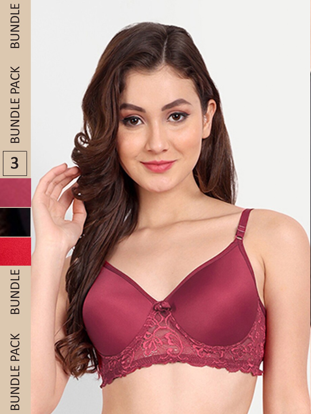 

FIMS Pack of 3 Rapid-Dry Lace Lightly Padded Bra Fancy_Pad_Bra_BlackRedMaroon, Black