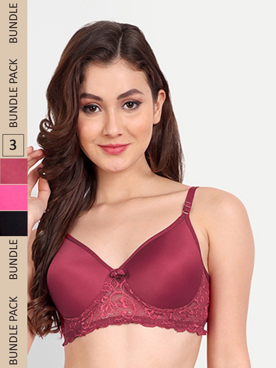 

FIMS Pack of 3 Floral Lightly Cotton Padded Lace Bra, Black