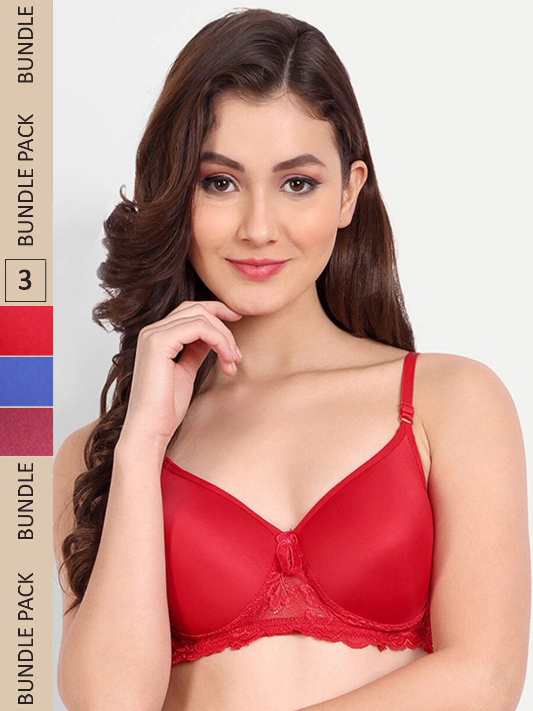 

FIMS Pack of 3 Floral Lightly Cotton Padded Bra, Red