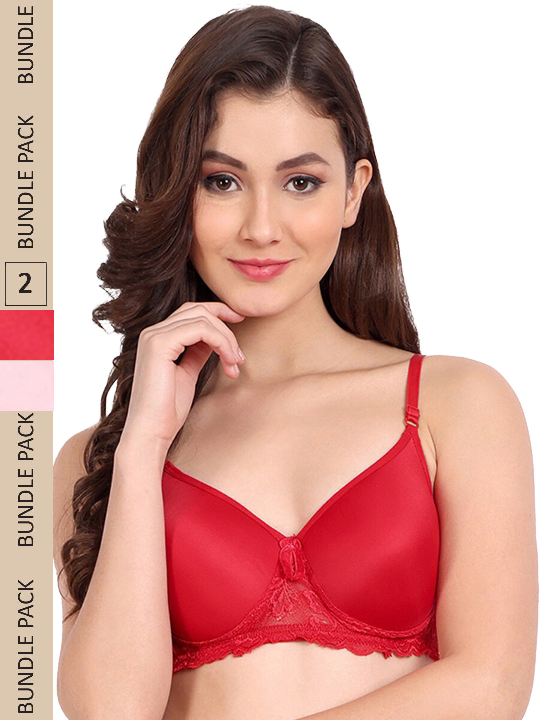 

FIMS Pack of 2 Floral Lightly Cotton Padded Lace Bra, Red