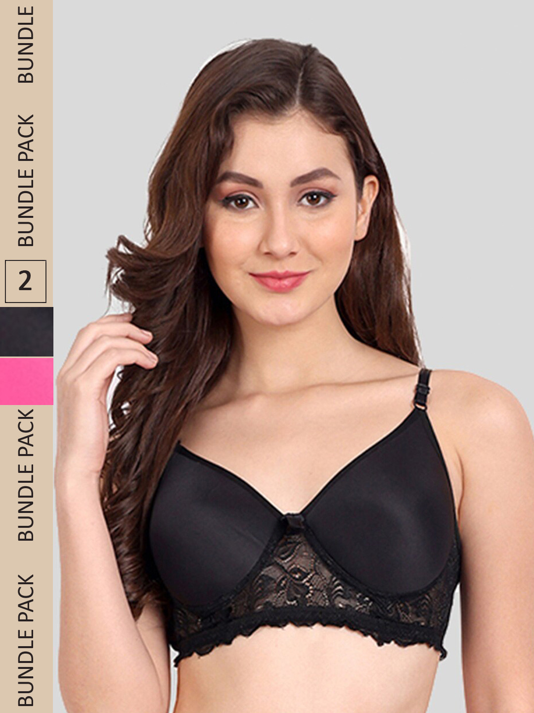 

FIMS Pack of 2 Floral Lightly Cotton Padded Bra, Black