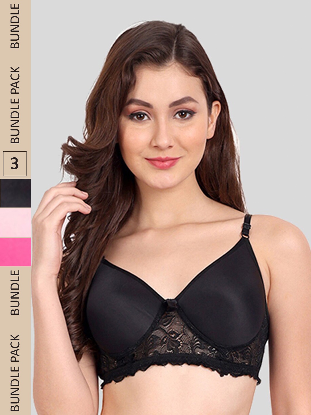 

FIMS Pack of 3 Floral Lightly Cotton Padded Bra, Black