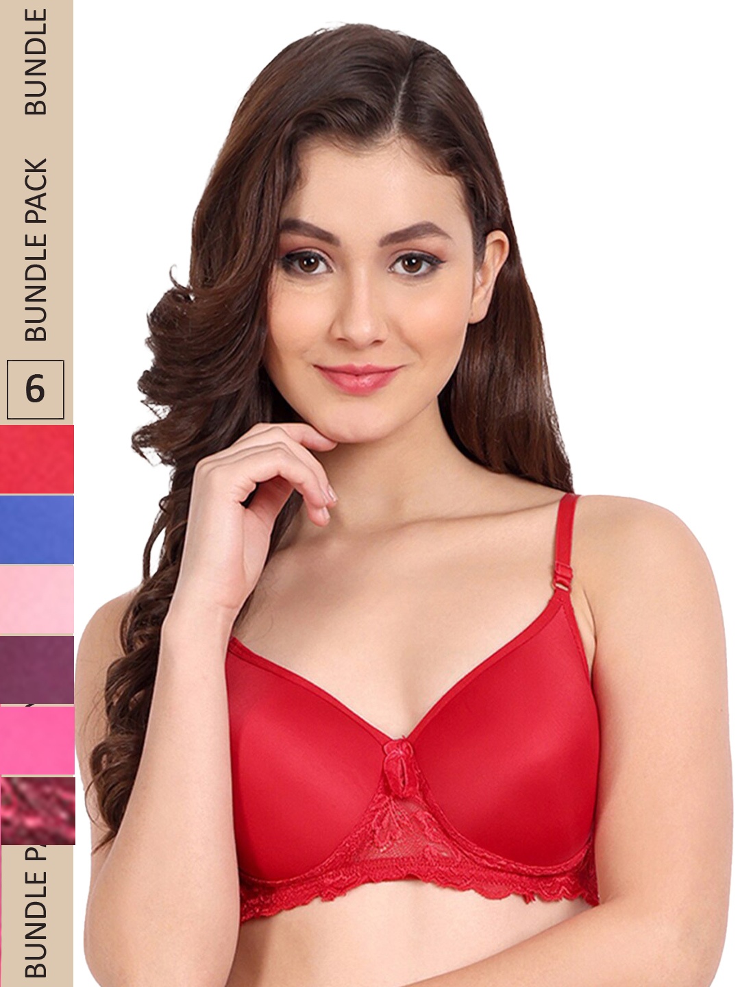 

FIMS Pack of 6 Floral Lightly Cotton Padded Bra, Red