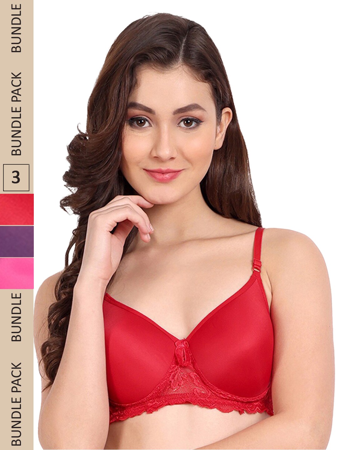

FIMS Pack of 3 Floral Lace Lightly Cotton Padded Bra, Red
