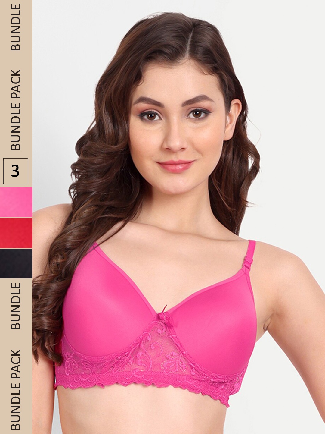 

FIMS Pack of 3 Floral Lightly Cotton Padded Bra, Black
