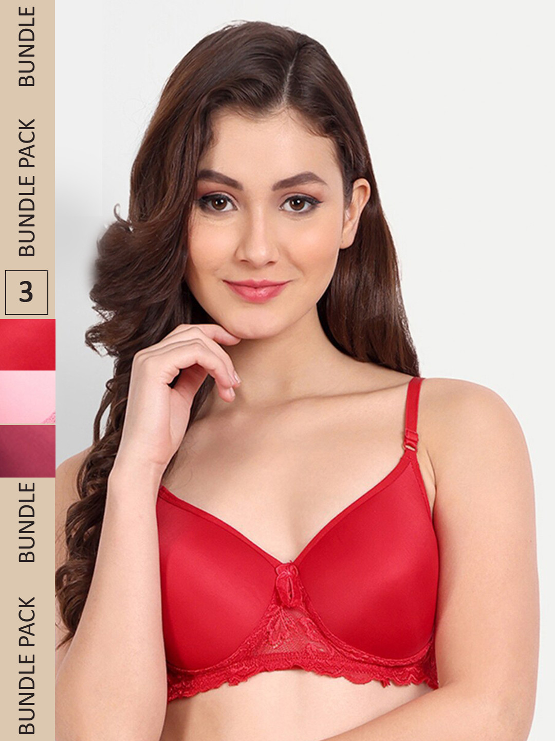 

FIMS Pack of 3 Floral Lightly Cotton Padded Bra, Red