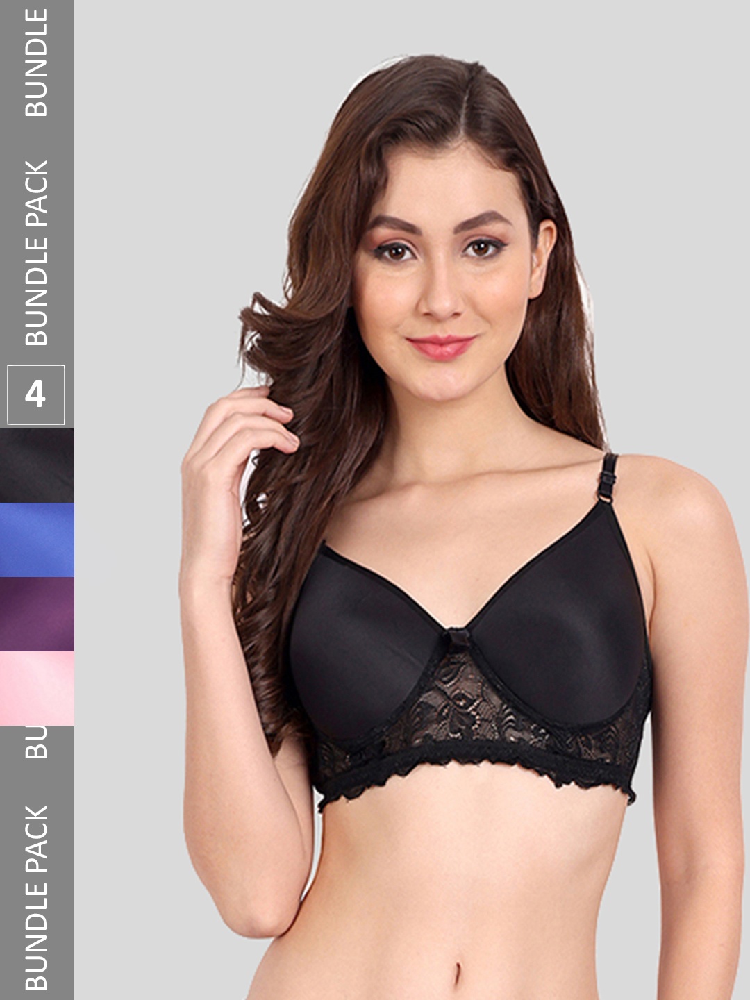 

FIMS Pack of 4 Floral Lightly Cotton Padded Bra, Black
