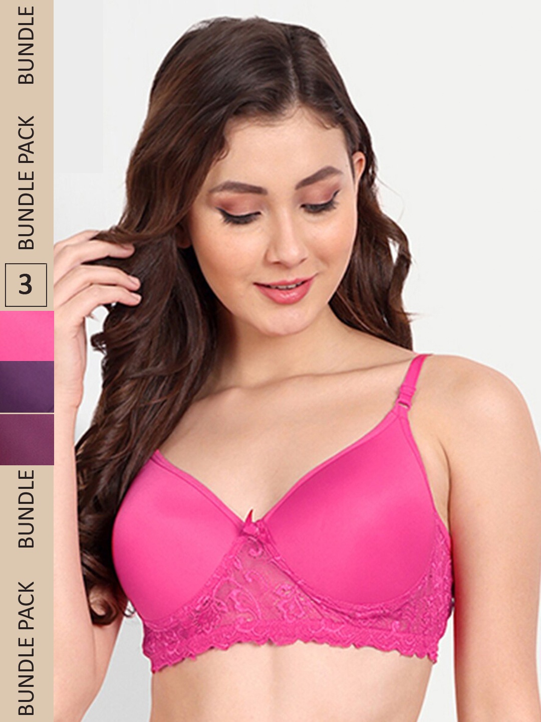 

FIMS Pack of 3 Floral Lightly Cotton Padded Bra, Fuchsia