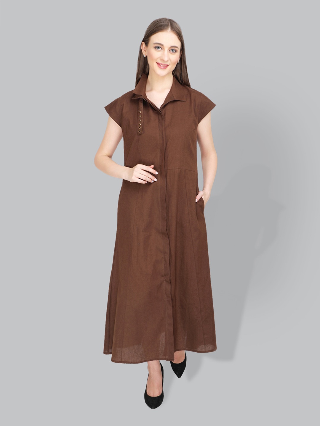 

CUFFS N LASHES Solid Shirt Maxi Cotton Dress, Brown
