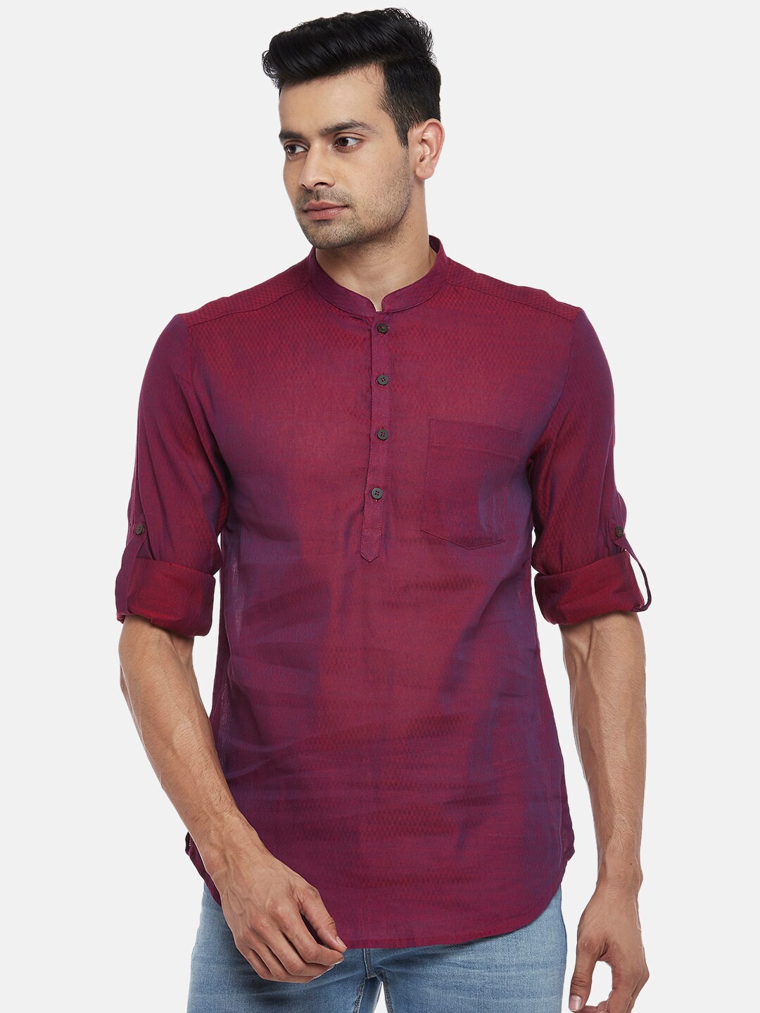 

indus route by Pantaloons Men Cotton Roll-Up Sleeves Kurta, Purple