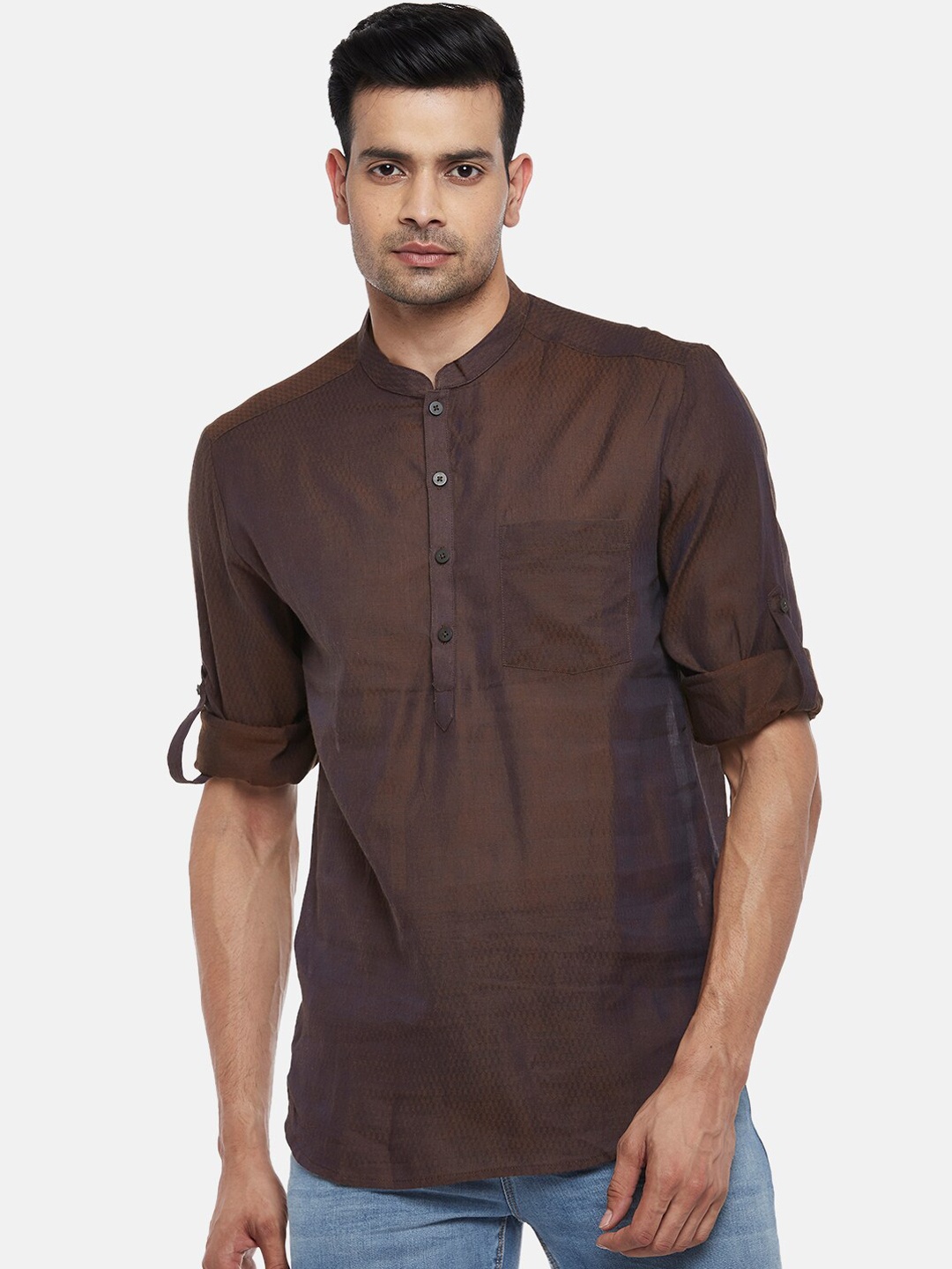 

indus route by Pantaloons Roll-Up Sleeves Cotton Kurta, Brown