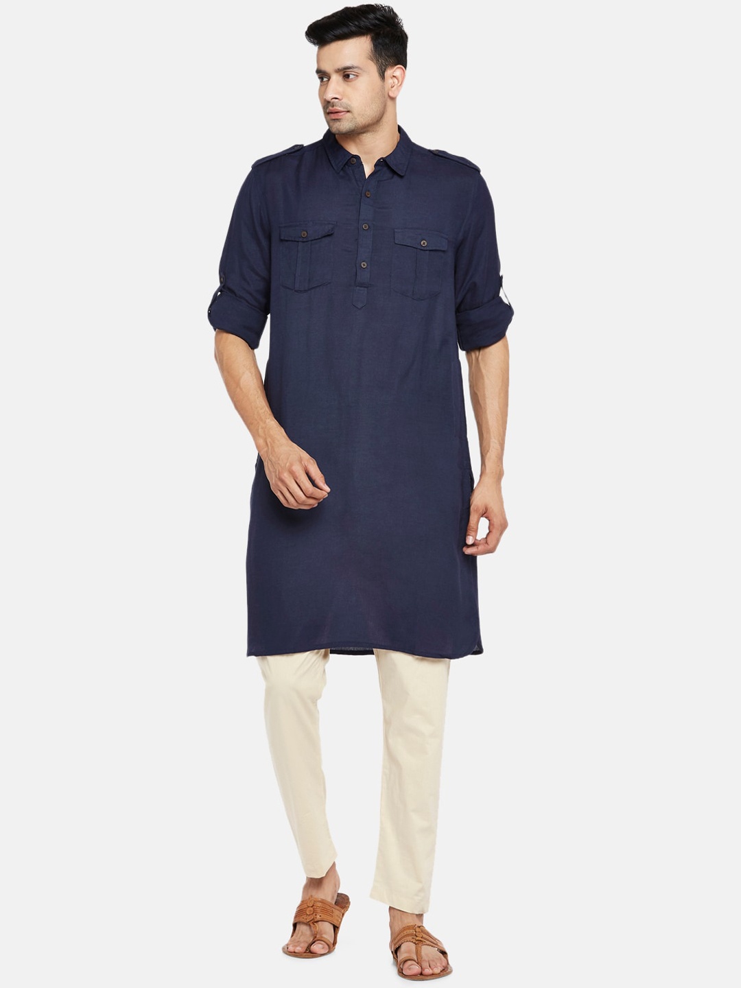 

indus route by Pantaloons Roll-Up Sleeves Cotton Kurta, Blue