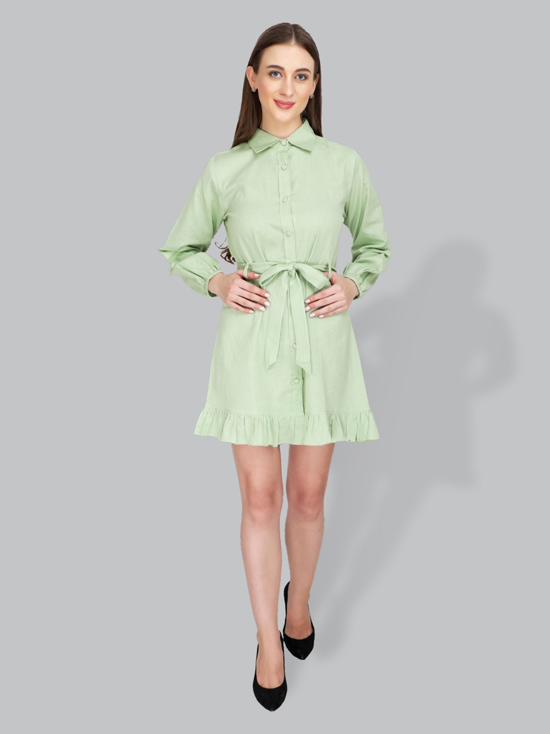 

CUFFS N LASHES Solid Shirt Cotton Dress, Green