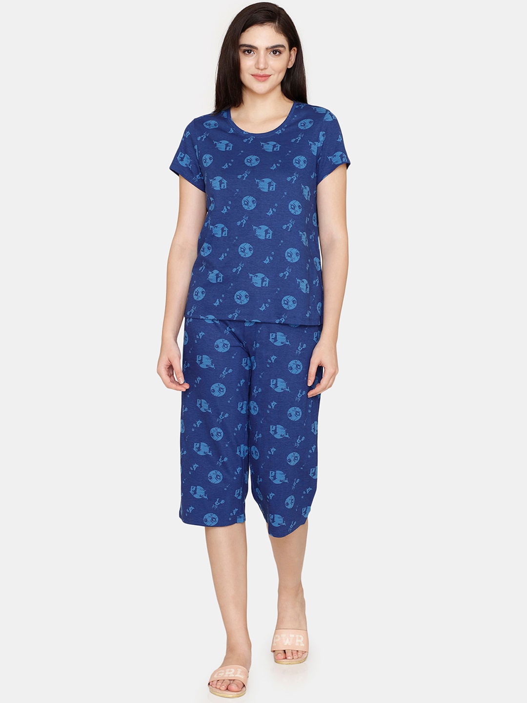 

Zivame Women Conversational Printed Pure Cotton Night suit, Blue