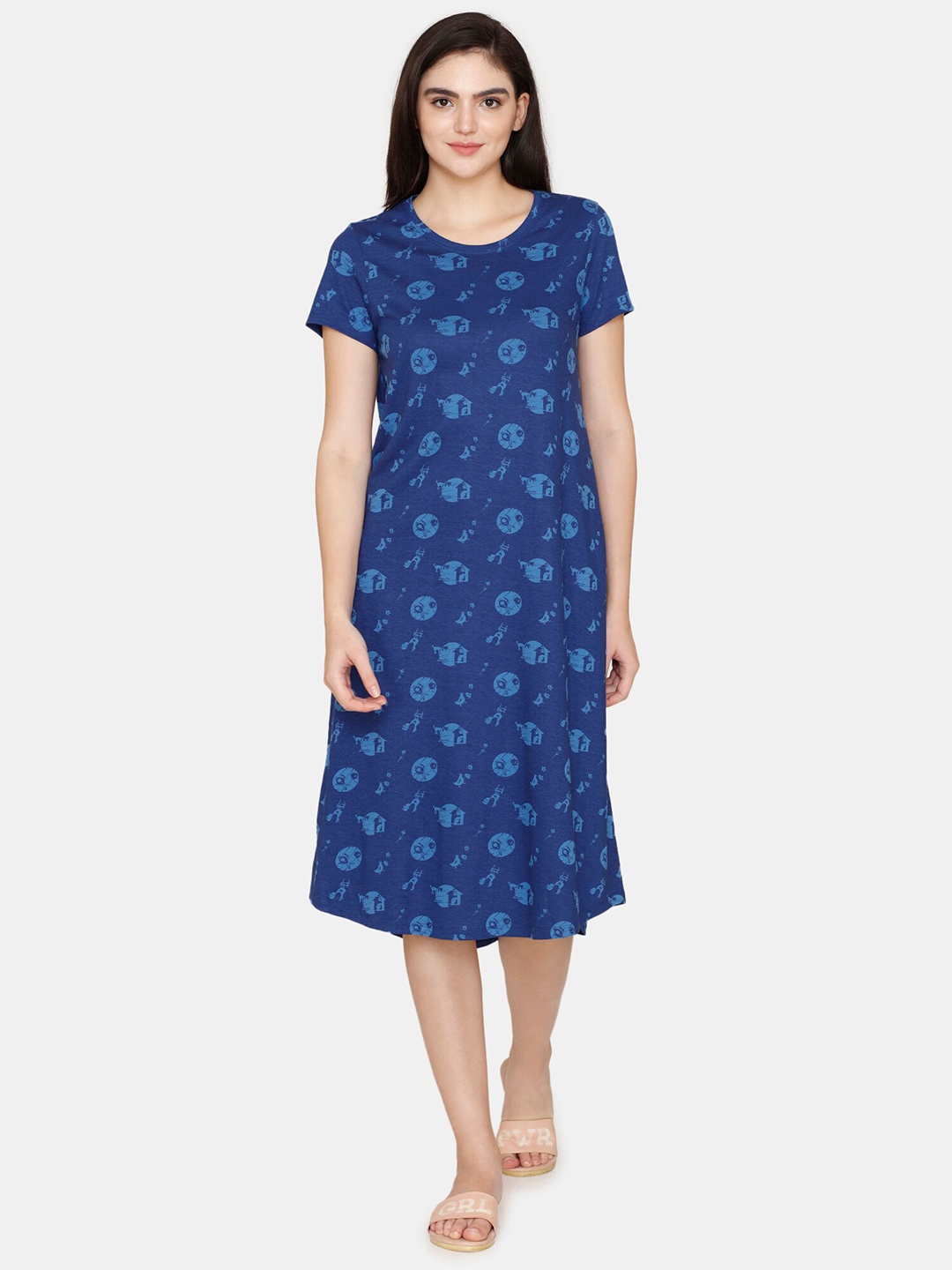 

Zivame Women Printed Pure Cotton Nightdress, Blue