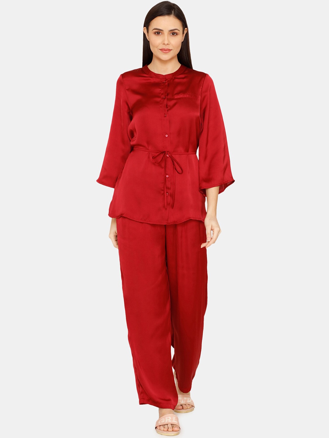 

Zivame Women Mandarin Collar Three-Quarter Sleeves Night suit, Red