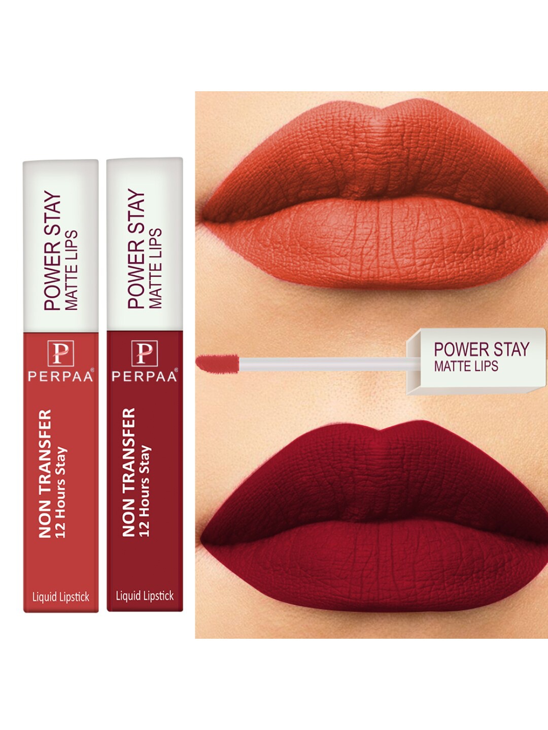 

PERPAA Set of 2 Power Stay Non-Transfer & Long-Lasting Velvet Matte Liquid Lipstick 5 g-Bright Red 01 - Red 22