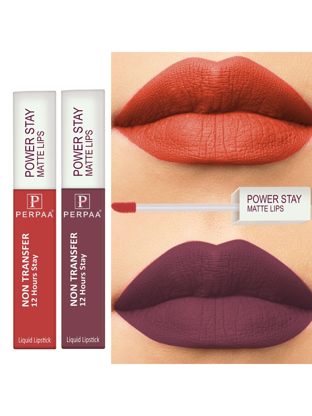 

PERPAA Set of 2 Power Stay Non-Transfer & Long-Lasting Velvet Matte Liquid Lipstick 5 g-Bright Red 01 - Mauve 23