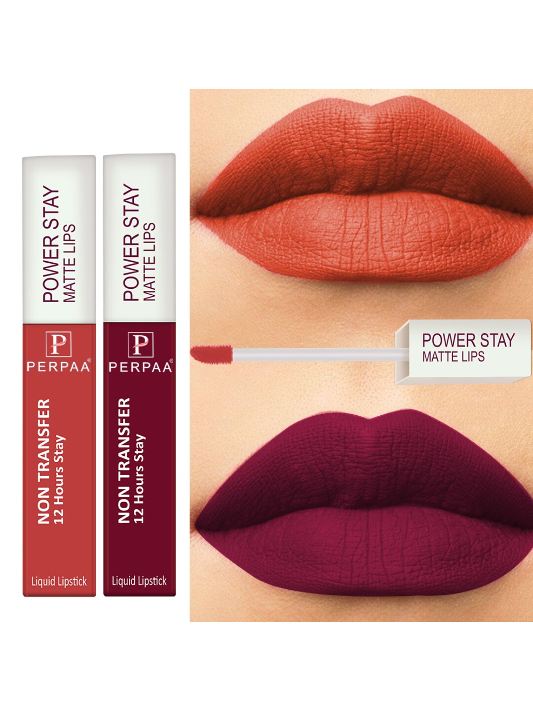 

PERPAA Set of 2 Power Stay Non-Transfer & Long-Lasting Velvet Matte Liquid Lipstick 5 g-Maroon 09 - Bright Red 01