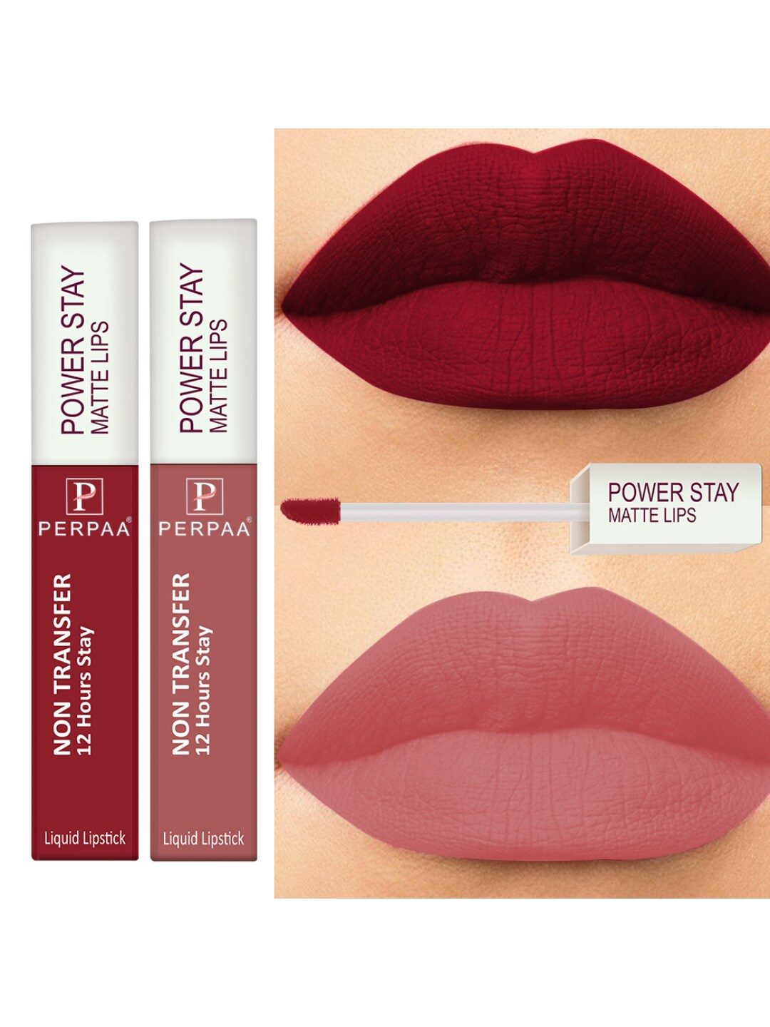 

PERPAA Set of 2 Power Stay Non-Transfer & Long-Lasting Velvet Matte Liquid Lipstick 5 g-Nude 21 - Red 22