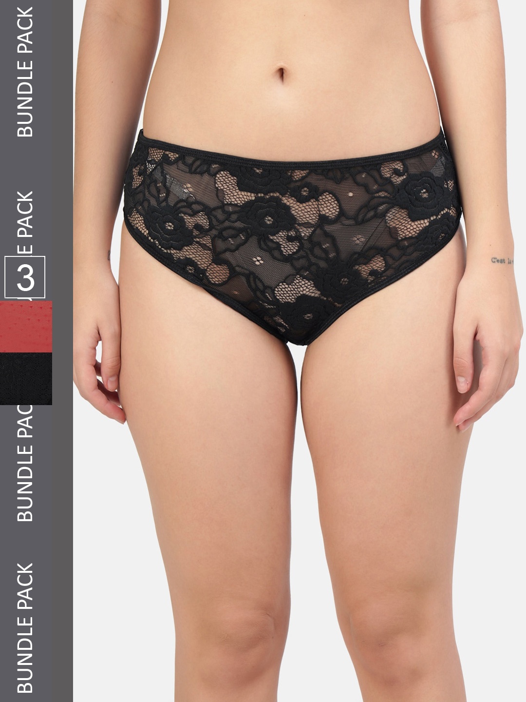 

Hill Islands Women Pack Of 3 Self-Design Bikini Briefs, Black
