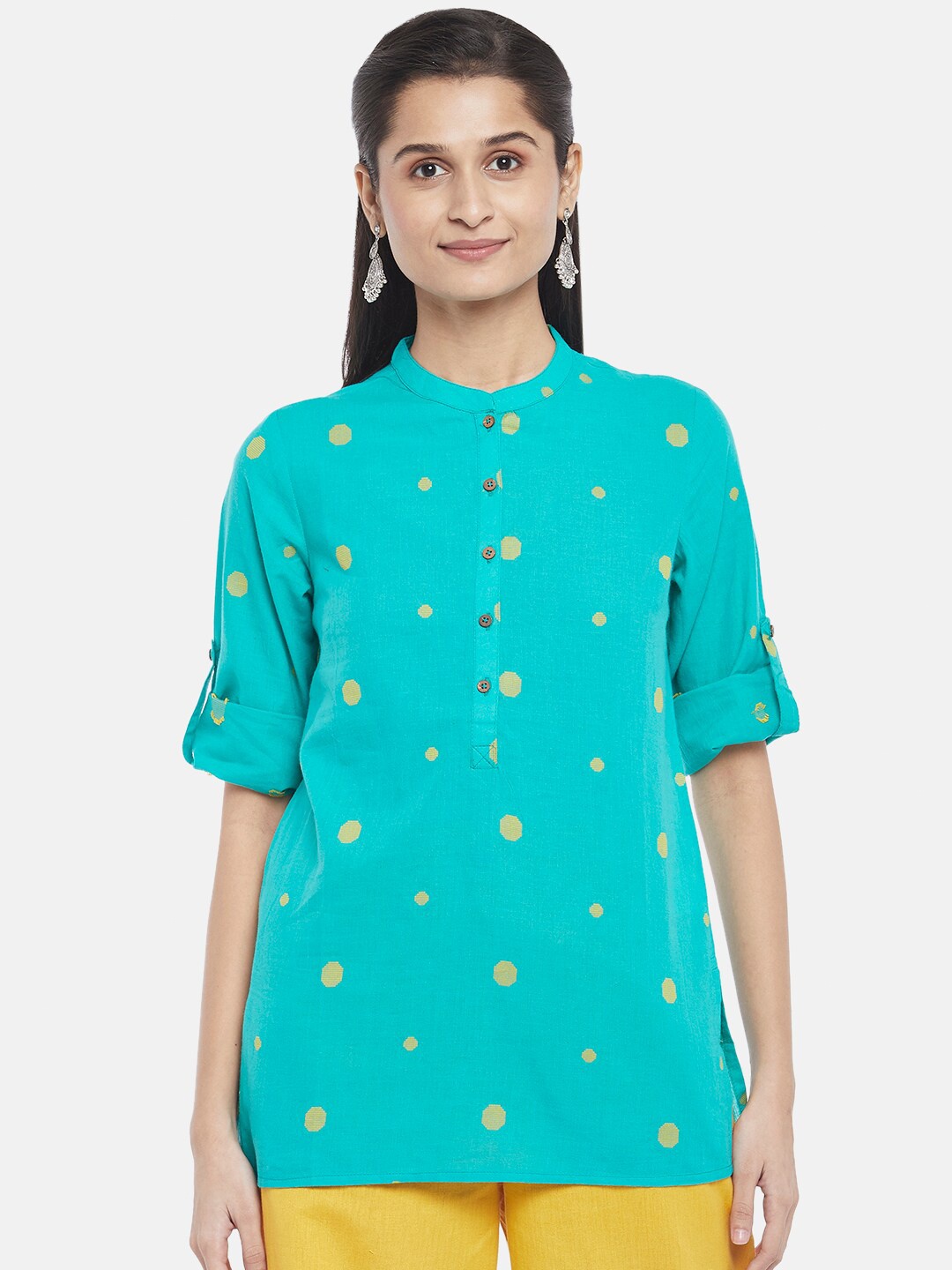 

AKKRITI BY PANTALOONS Print Mandarin Collar Roll-Up Sleeves Cotton Top, Teal