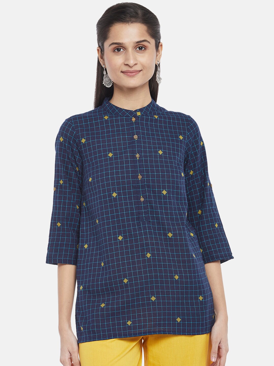 

AKKRITI BY PANTALOONS Checked Mandarin Collar Shirt Style Cotton Top, Blue