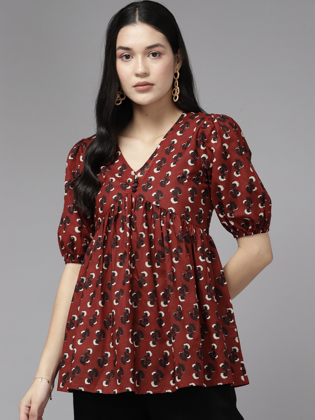 

Yufta Floral Print Peplum Cotton Top, Maroon