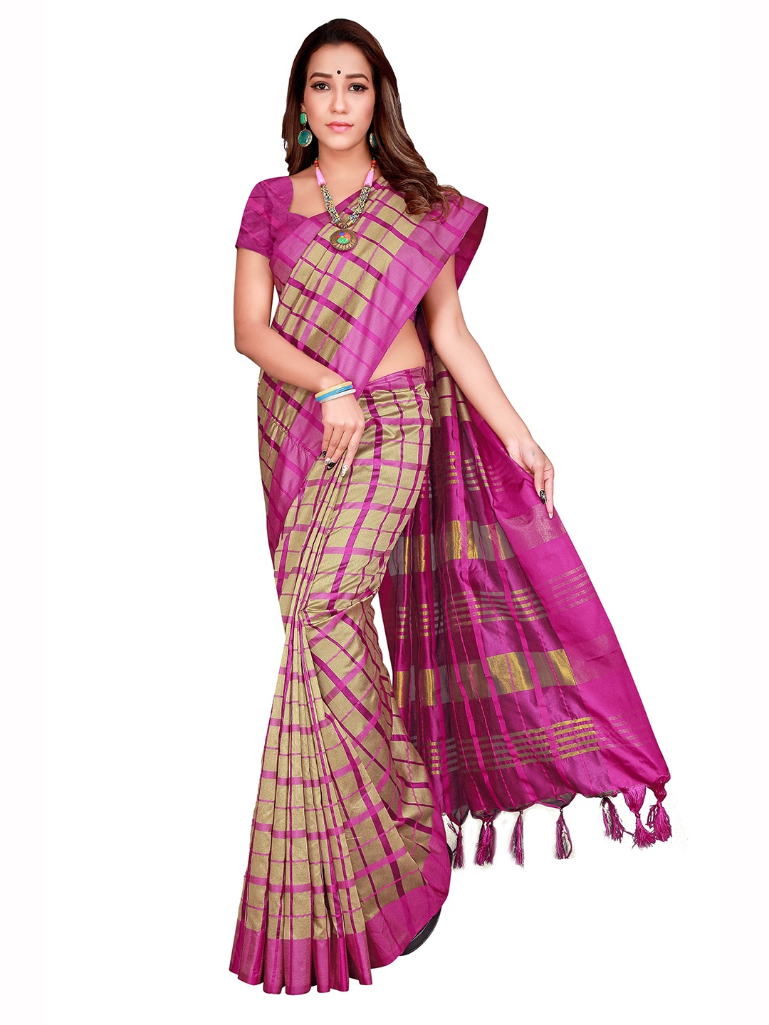 

SHAIBO SAREE Cotton Checked Saree, Cream