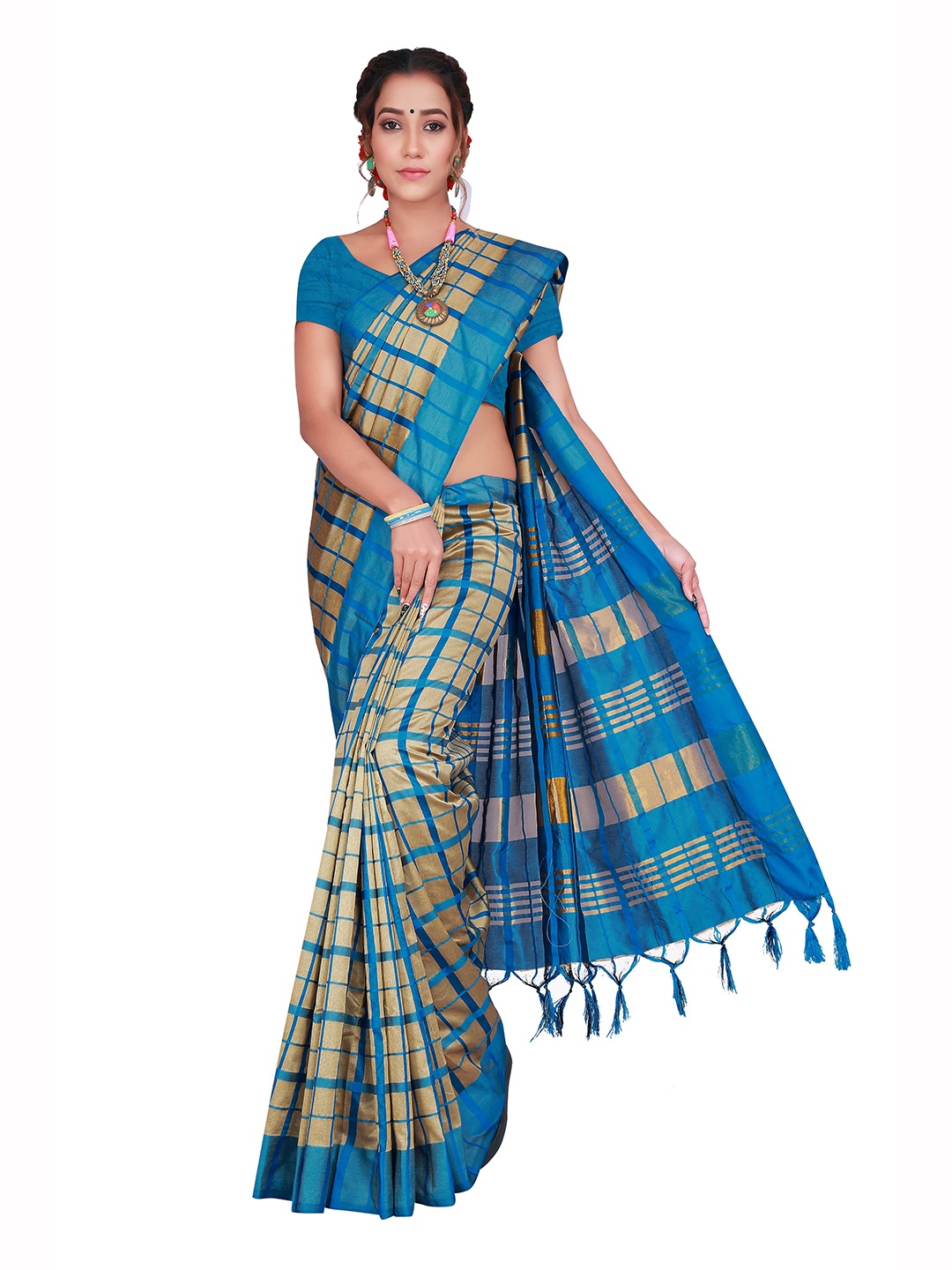 

SHAIBO SAREE Cotton Checked Saree, Steel