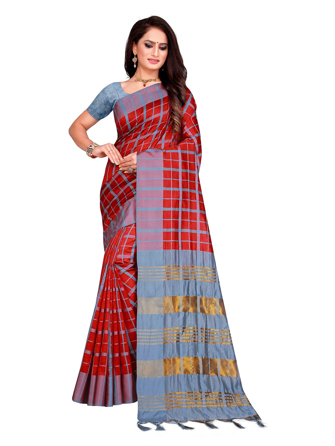 

SHAIBO SAREE Cotton Checked Saree, Red