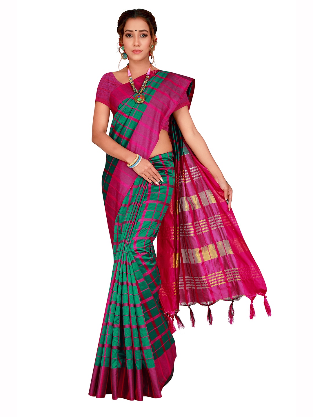 

SHAIBO SAREE Cotton Checked Saree, Green